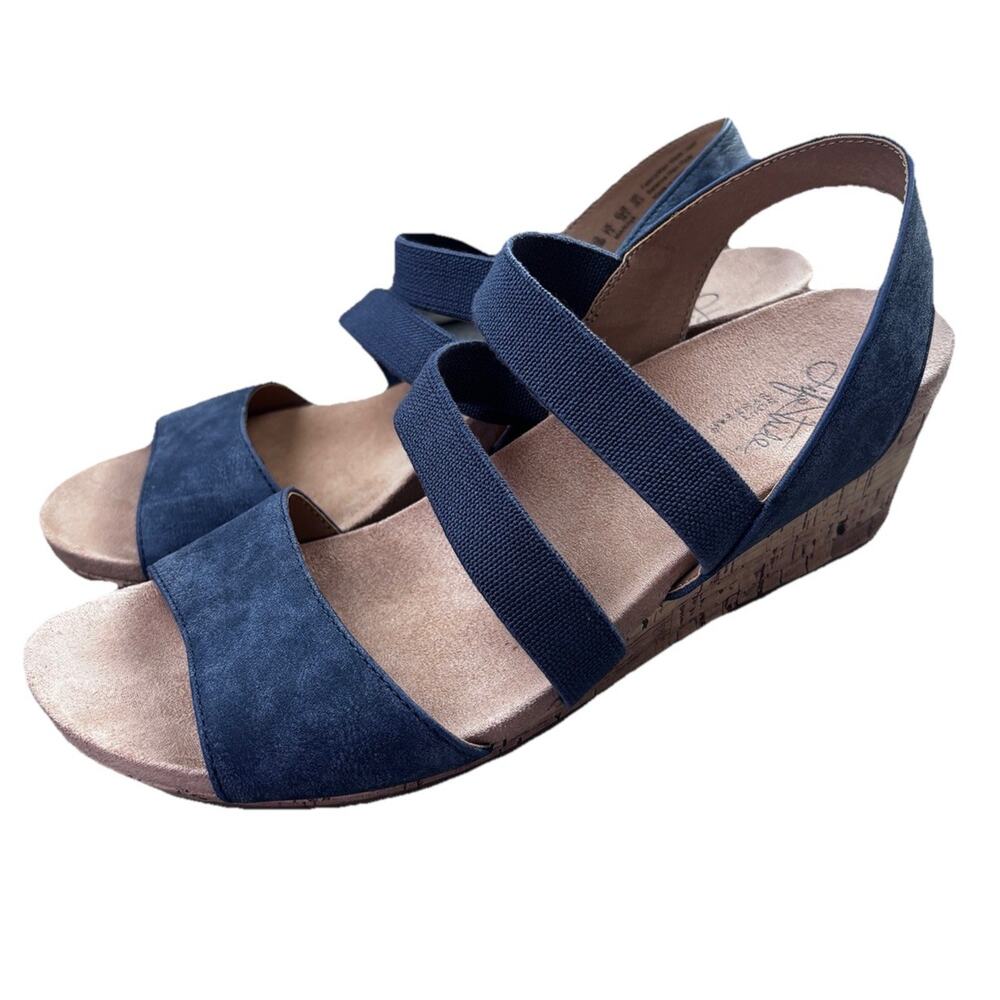 LifeStride Marina Sandals Womens Sz 9.5 Navy Blue Strappy Slingback Cork Wedge - Picture 2 of 5
